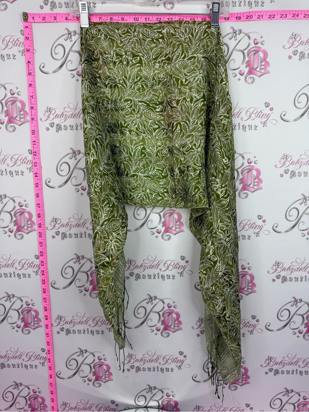 Scarf tassle Lightweight Olive Green Leaf Print Scarf - Women Accessories